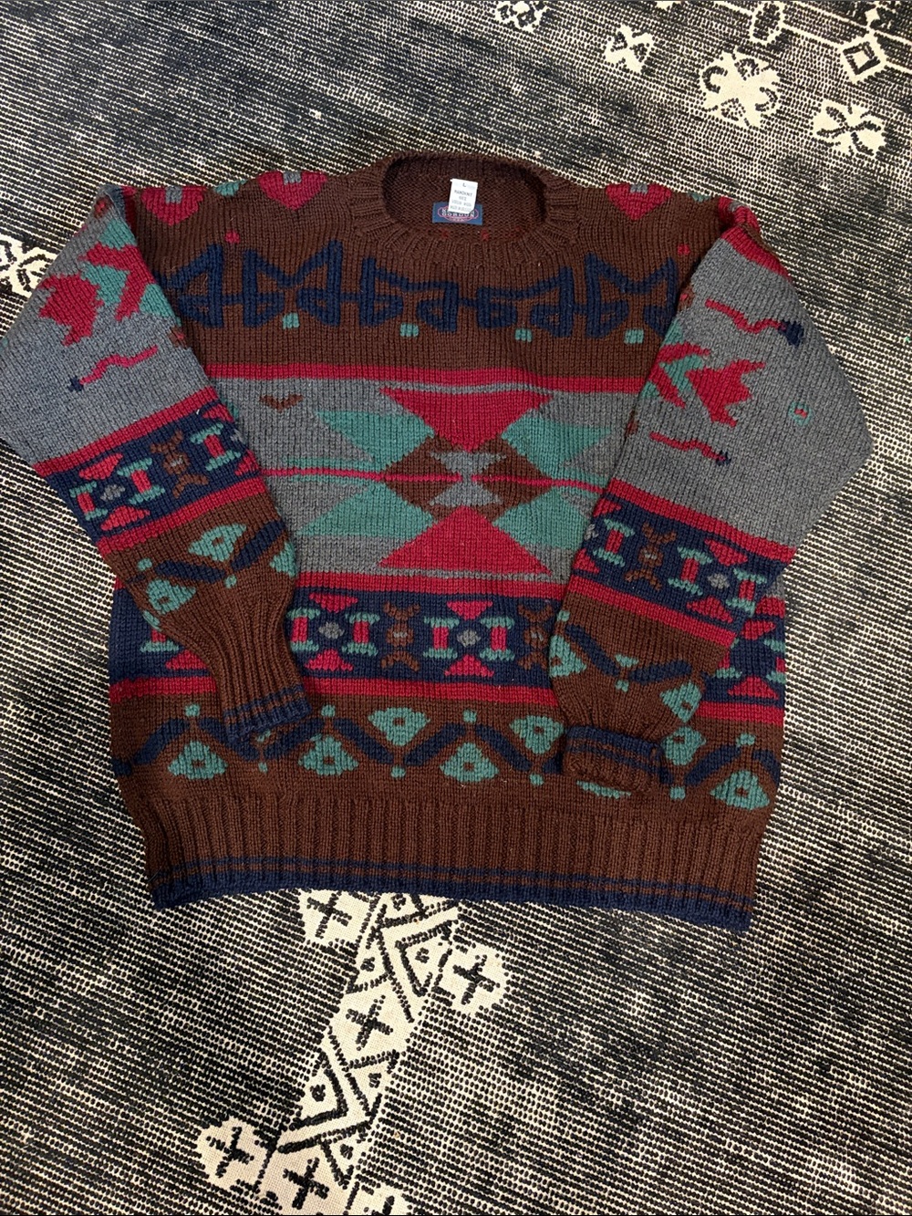 Vintage Wool Men's Brown Patterned Crewneck Sweater